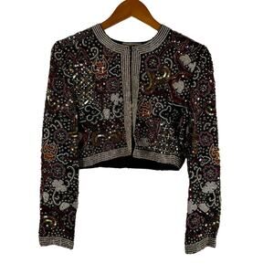 Vintage Lady's Image 100% Silk Long Sleeve Beaded Sequin Bolero Jacket Size M